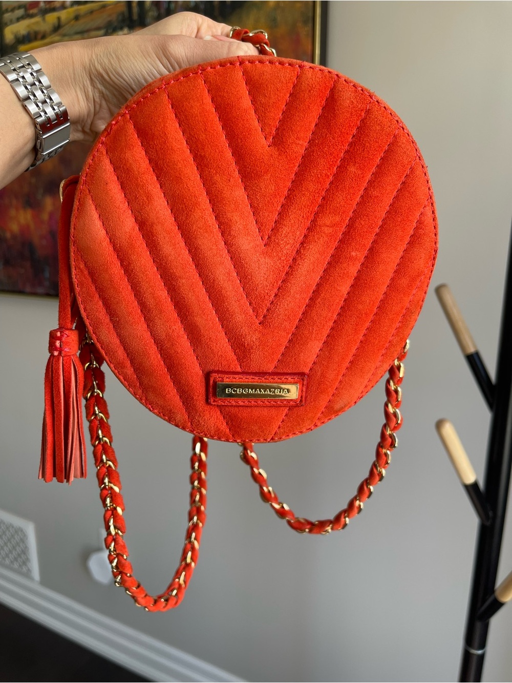 BCBG MaxAzria Orange Faux Suede Quilted Chevron Round Crossbody - Picture 4 of 16